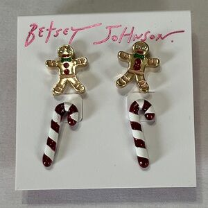 Betsey Johnson Gold Gingerbread and Red Candy Cane Stud Earrings 2 Pairs NWT